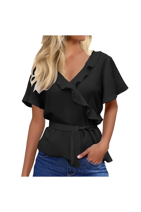 Women's Tops, Tees & Blouses Ruffle Wrap V Neck Tie Waist Peplum Work Womens Spring Summer Shirts