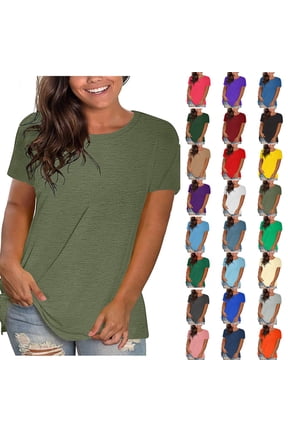 Women's Tops,Tees & Blouses Sawvnm Women's Fashion Solid Round Neck Short Sleeve T-shirt Blouse Loose Tops Army Green S