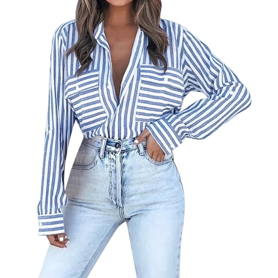 Women's Tops, Tees & Blouses Striped V Neck Roll Up Sleeve Pocket Blouse Womens Spring Summer Shirts