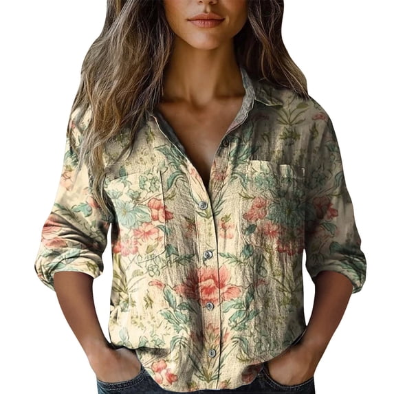 Women's Tops Tees & Blouses Summer Printed Button Up 7/8 Sleeve Casual Blouse Blouses for Women Dressy Casual