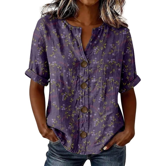 Women's Tops, Tees & Blouses V Neck 3/4 Sleeve All Over Print Button Down Loose Casual Shirts Business Casual Tops for Women bovemsi