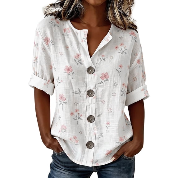 Women's Tops, Tees & Blouses V Neck Half Sleeve Print Button Down Loose Casual Shirts Business Casual Tops for Women bovemsi