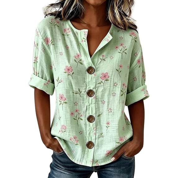 Women's Tops, Tees & Blouses V Neck Half Sleeve Print Button Down Loose Casual Shirts Business Casual Tops for Women bovemsi