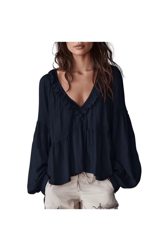 Women's Tops, Tees & Blouses V Neck Ruffled Retro Soft Relaxed Casual Blouse Tops Summer Tops