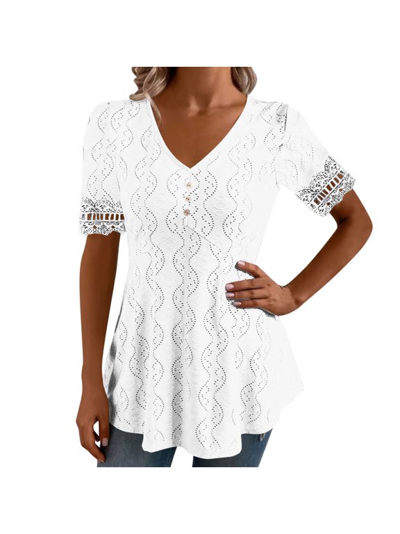Women's Tops, Tees & Blouses, Womens Eyelet Embroidery Tops V Neck Short Sleeve Blouses Lace Trim Flared Hem Tunic Shirts Casual Button Down Tunics