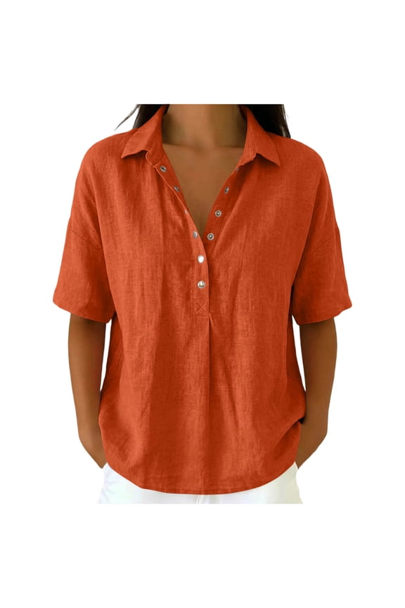 Women's Tops Tees Plus Size Fashion Casual Linen Turtleneck Long-sleeved Button and Snap V-neck Top Short-sleeved V-neck Top/shirt Casual Vacation Clothes Blouse T Shirts Orange M