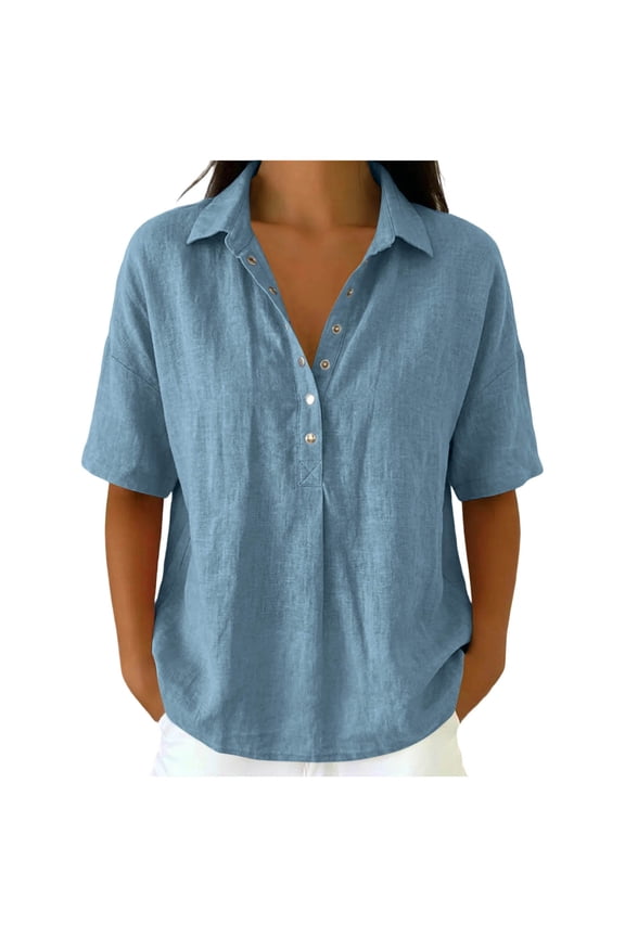 Women's Tops Tees Plus Size Fashion Casual Linen Turtleneck Long-sleeved Button and Snap V-neck Top Short-sleeved V-neck Top/shirt Casual Vacation Clothes Blouse T Shirts Sky Blue M