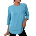 thumbnail image 1 of Women's Tops Tees Three Quarter Sleeve Solid Color Crew Neck Pullover Curved Hem Blouses Light Blue L, 1 of 6