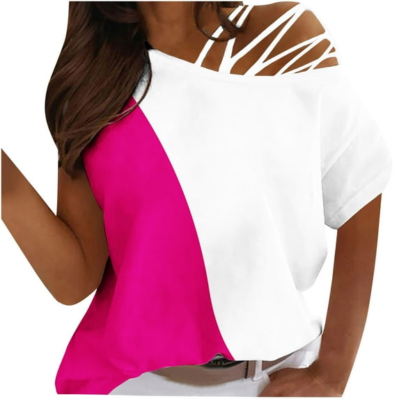 Women's Tops Trendy Cross One Shoulder Color Block Crew Neck Short Sleeve Shirts Summer Casual Loose Blouses (XL, Hot Pink)