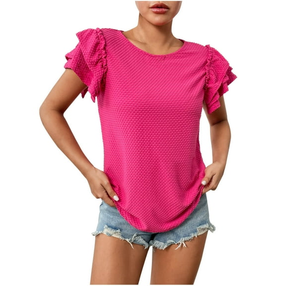 Women's Tops Trendy Summer Crew Neck Short Ruffle Sleeve Shirts Casual Loose Solid Comfortable Blouses (XS, Hot Pink)