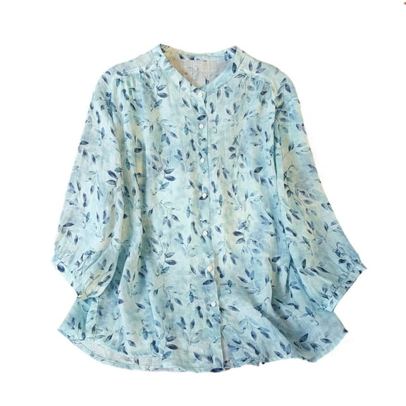 Women's Tops Trendy Vintage Long Sleeve Button Down Graphic Tees Shirts Collared Cotton Linen Summer Loose Print Blouses M-2XL, Blue, XL