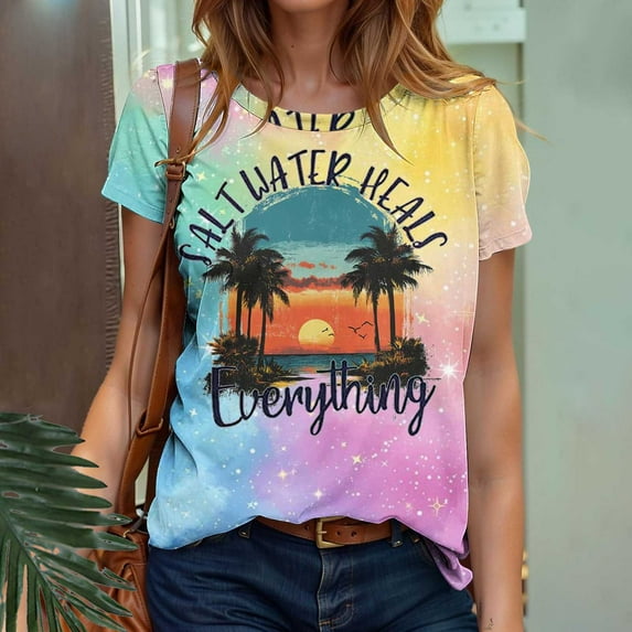 Women's Tops Under $10 Free Shipping Casual Pullover Printed Short Sleeved Round Neck Top