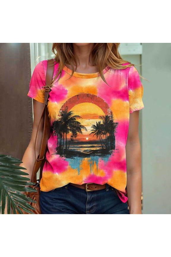 Women's Tops Under $10 Free Shipping Casual Pullover Printed Short Sleeved Round Neck Top