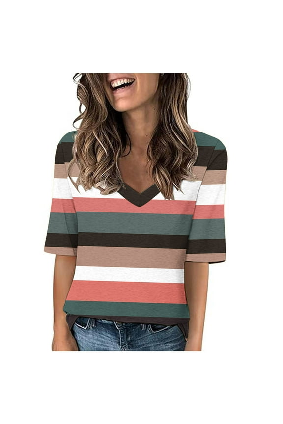 Women's Tops Under $10 Free Shipping Fashion Casual Printed Short-Sleeved V-Neck T-Shirt Yop