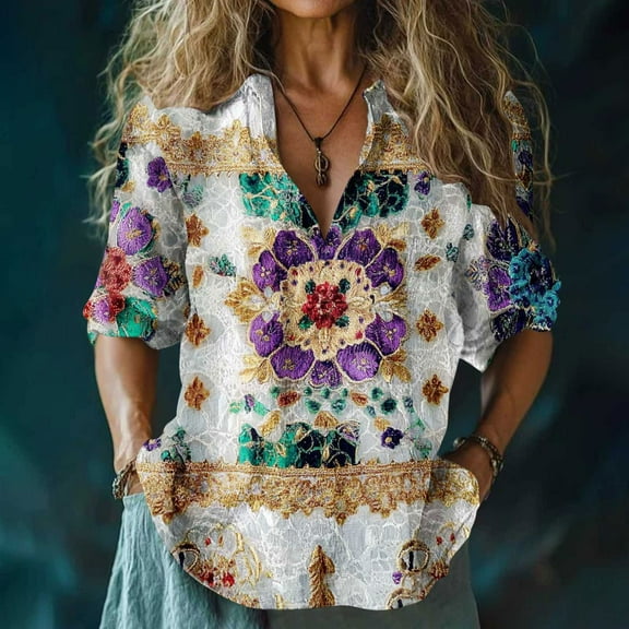 Women's Tops Under $10 Free Shipping Retro Boho Floral Print Casual Cotton Linen Linen V-neck 3/4 Sleeve Shirt Top
