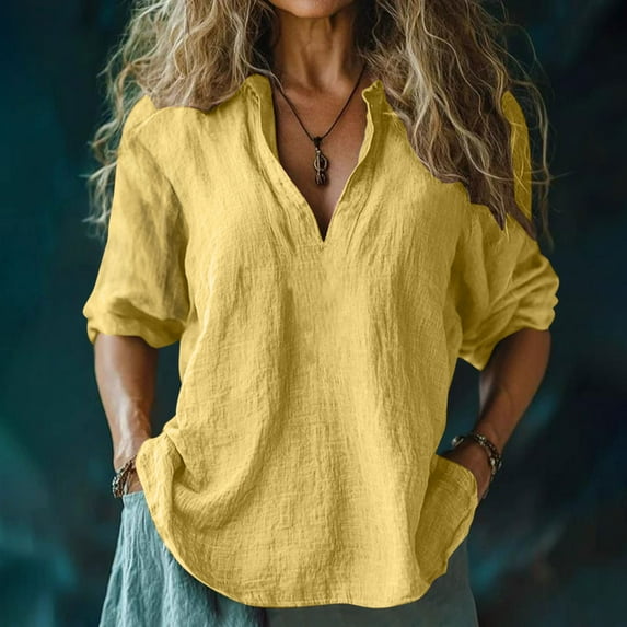 Women's Boho Linen Blouse with Floral Print V-Neck 3/4 Sleeve Casual Retro Cotton Tops Under $10