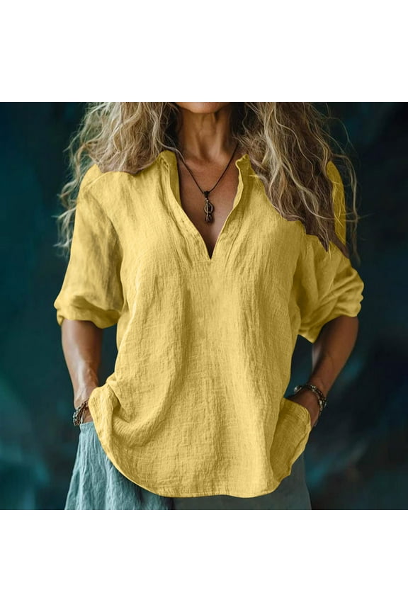 Women's Boho Linen Blouse with Floral Print V-Neck 3/4 Sleeve Casual Retro Cotton Tops Under $10