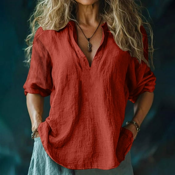 Women's Tops Under $10 Free Shipping Retro Boho Floral Print Casual Cotton Linen Linen V-neck 3/4 Sleeve Shirt Top