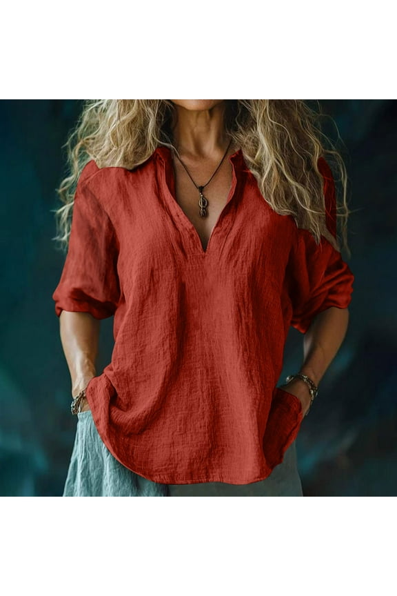 Women's Tops Under $10 Free Shipping Retro Boho Floral Print Casual Cotton Linen Linen V-neck 3/4 Sleeve Shirt Top