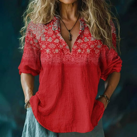 Women's Tops Under $10 Free Shipping Retro Boho Floral Print Casual Cotton Linen Linen V-neck 3/4 Sleeve Shirt Top