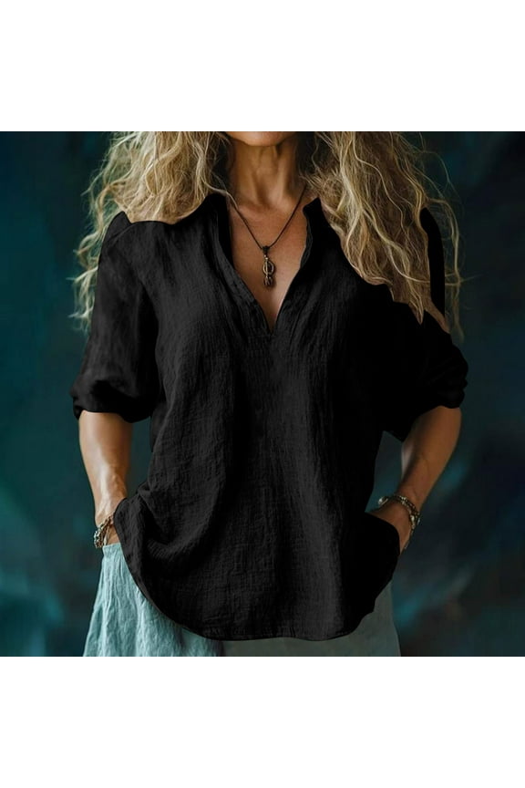 Women's Boho Linen Blouse with Floral Print V-Neck 3/4 Sleeve Casual Retro Cotton Tops Under $10