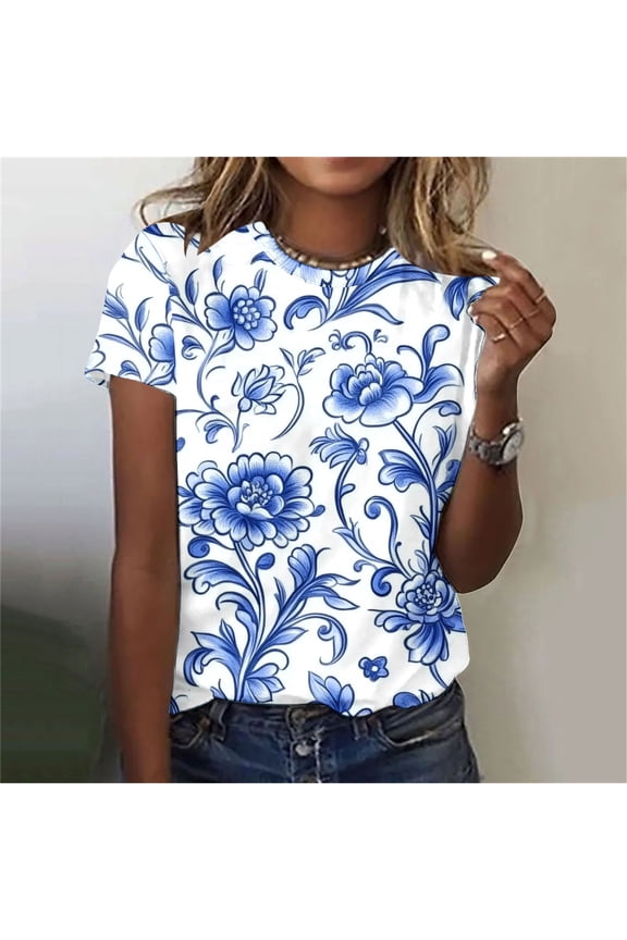 Women's Tops Under $10 Free Shipping Summer Short Sleeve Print Short Sleeve V-Neck Blouses
