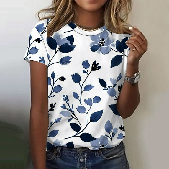 Women's Tops Under $10 Free Shipping Summer Short Sleeve Print Short Sleeve V-Neck Blouses