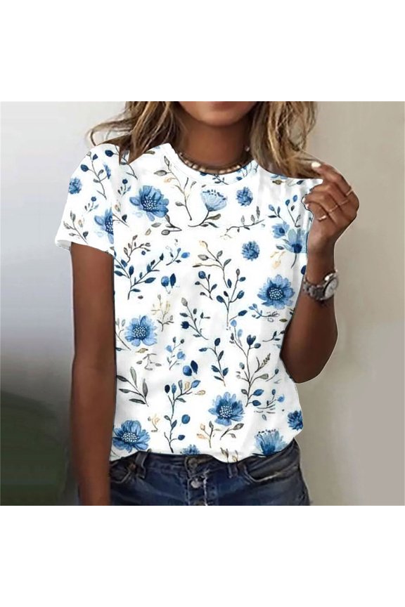 Women's Summer Tops Under $10 with Free Shipping V-Neck Short Sleeve Printed Styles Soft for Everyday Comfort Lightweight Blouse
