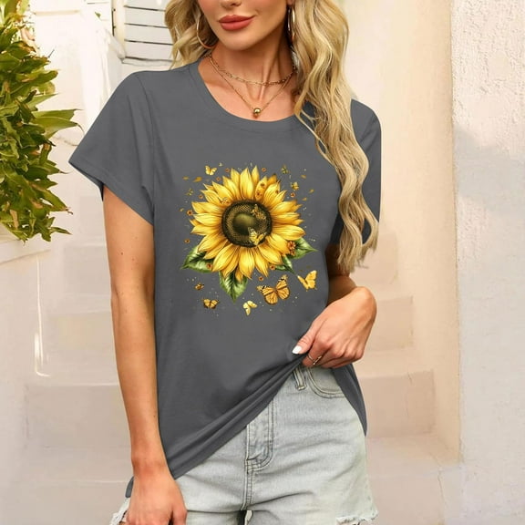 Women's Tops Under $5 Large Summer Tunic Tops Short Sleeve Solid Color Loose Round Neck Tees Shirts