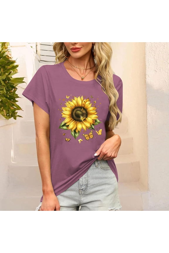 Women's Tops Under $5 Large Summer Tunic Tops Short Sleeve Solid Color Loose Round Neck Tees Shirts