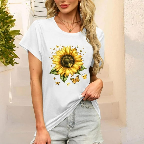 Women's Tops Under $5 Large Summer Tunic Tops Short Sleeve Solid Color Loose Round Neck Tees Shirts