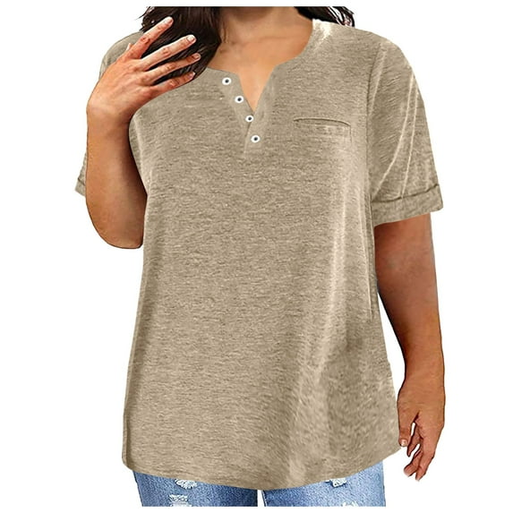 Women's Tops V Neck Button Fashion Solid Color Short Sleeved Pocket Loose T Shirt Silk Tops for Women plus Light V Neck plus Size V Neck Blouse Womens plus Size Tops for Work plus Size Workout Shirts