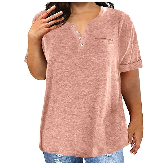 Women's Tops V Neck Button Fashion Solid Color Short Sleeved Pocket Loose T Shirt plus Size Shirts plus Active Ladies Shirts And Blouses plus Size Sleeveless Tops for Women 2x Tops for Women Casual