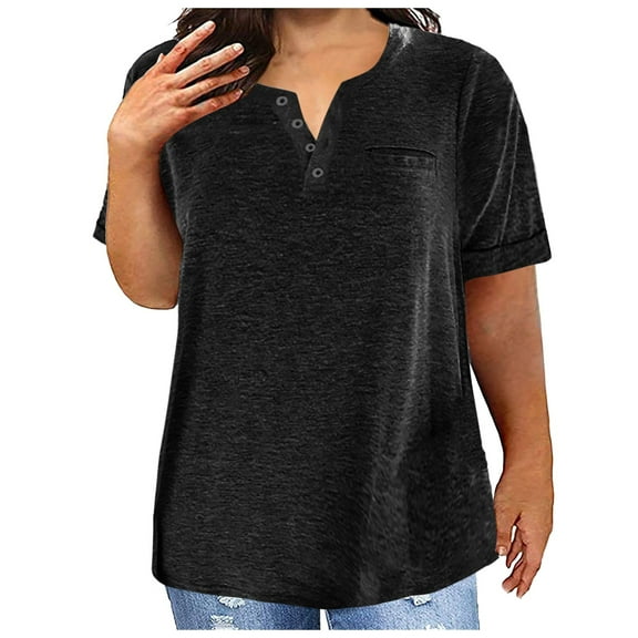Women's Tops V Neck Button Fashion Solid Color Short Sleeved Pocket Loose T Shirt plus Size Shirts plus Active Ladies Shirts And Blouses plus Size Sleeveless Tops for Women 2x Tops for Women Casual