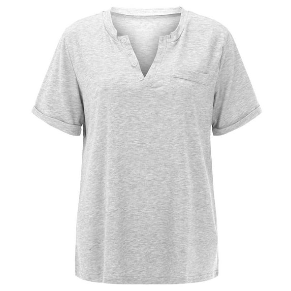 Women's Tops V Neck Button Fashion Solid Color Short Sleeved Pocket Loose T Shirt