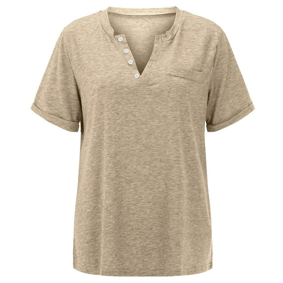 Women's Tops V Neck Button Fashion Solid Color Short Sleeved Pocket Loose T Shirt