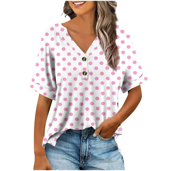 Women's Tops V Neck Button Short Sleeve Polka Dots Summer Casual Shirts Loose Tunic Comfortable Tee Blouses (XL, Pink)