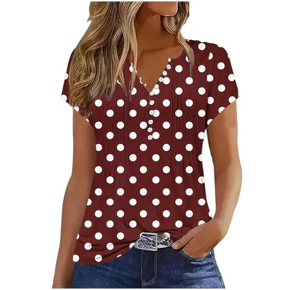 Women's Tops V Neck Button down Short Sleeve Polka Dots Pleated Summer Casual Shirts Loose Tunic Tee Blouses (XL, Wine)