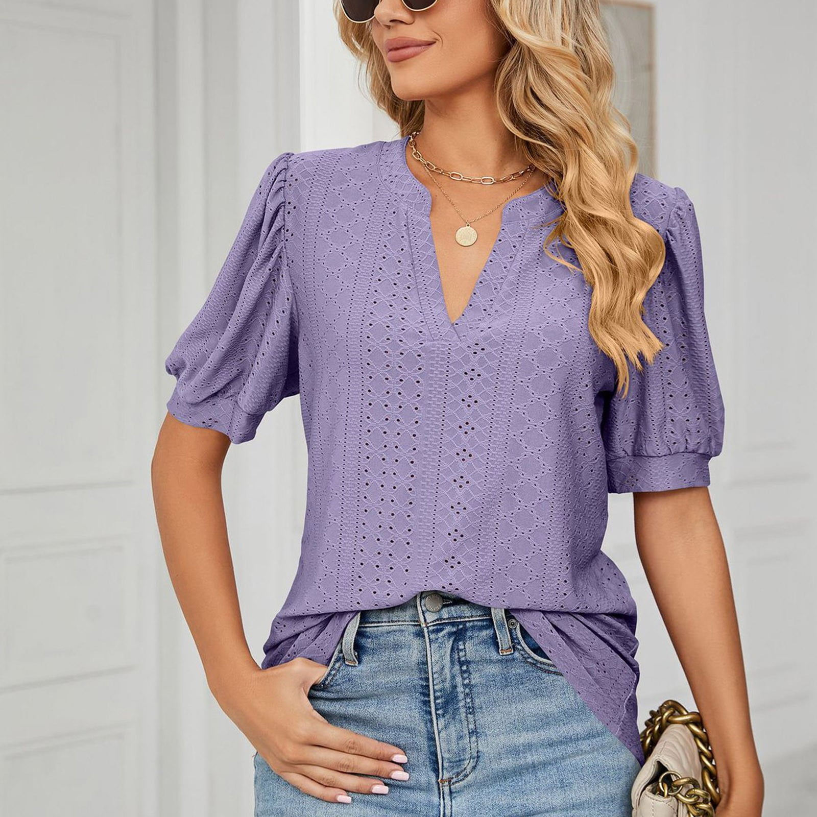 Women's Tops V Neck Lace Crochet Eyelet T Shirt Short Sleeve Floral ...