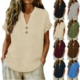 thumbnail image 1 of Women's Tops V Neck Ruffle Short Sleve Cotton Linen T-shirts Solid Color Shirts Dressy Casual Summer Fall Cute Outfits 2026 Basic Trendy Vacation Blouses, 1 of 8