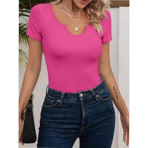Women's Tops V Neck Shirts Short Sleeve Tshirt Fitted Basic Tees Summer Tunic Ribbed Sexy Clothes Casual Cute