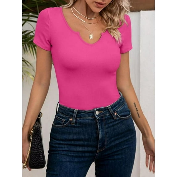 Women's Tops V Neck Shirts Short Sleeve Tshirt Fitted Basic Tees Summer Tunic Ribbed Sexy Clothes Casual Cute