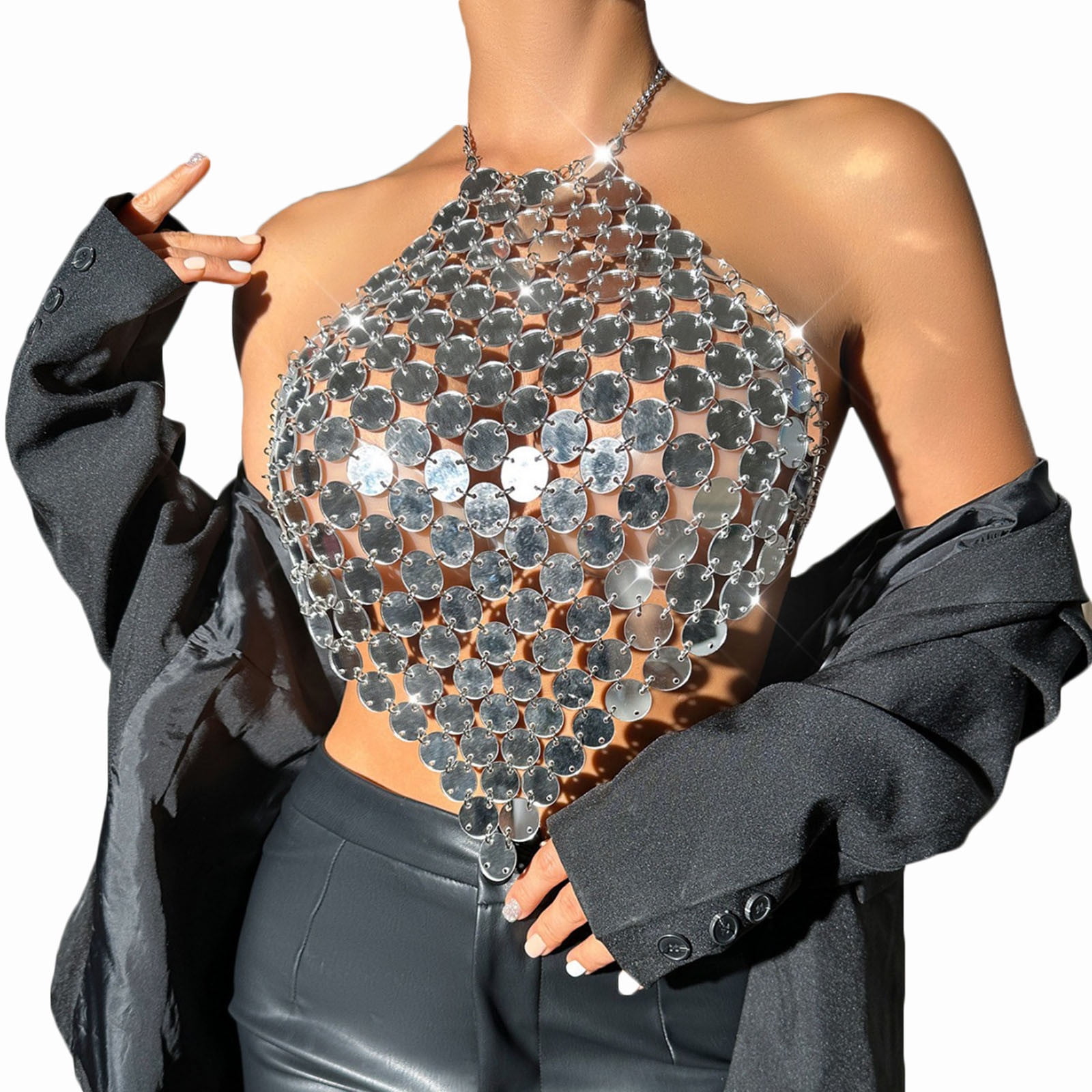 Women's Tops V Neck Silver Sequin Top Shiny Bright Diamond
