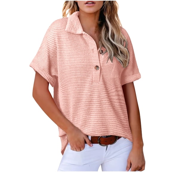 Women's Tops, Waffle Knit Sweater Tops for Women Collared V Neck Short Sleeve Casual Shirts Loose Fit Summer Tunic Tops Blouses
