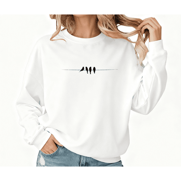 Women's Tops White Fall Minimalist Bird Wire Graphic Sweatshirt Print Sweatshirt S-3XL Tops