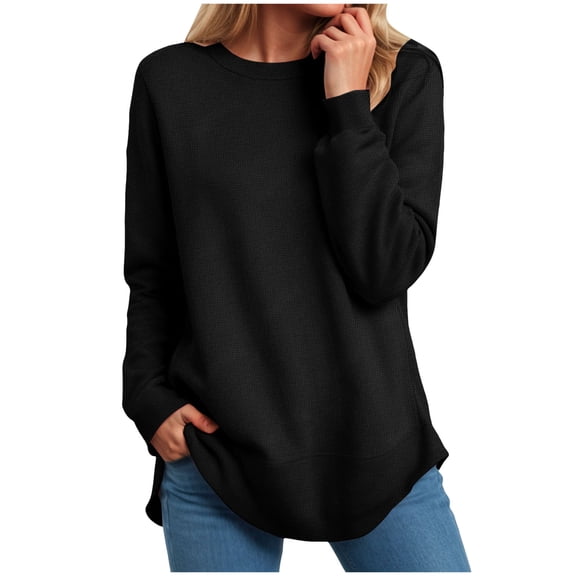 Women's Tops Winter Fall Oversized Crew Neck Long Sleeve Dolman Drop Shoulder Curve Hem Plain Leisure Waffle Knit Top Tops(Black,M)