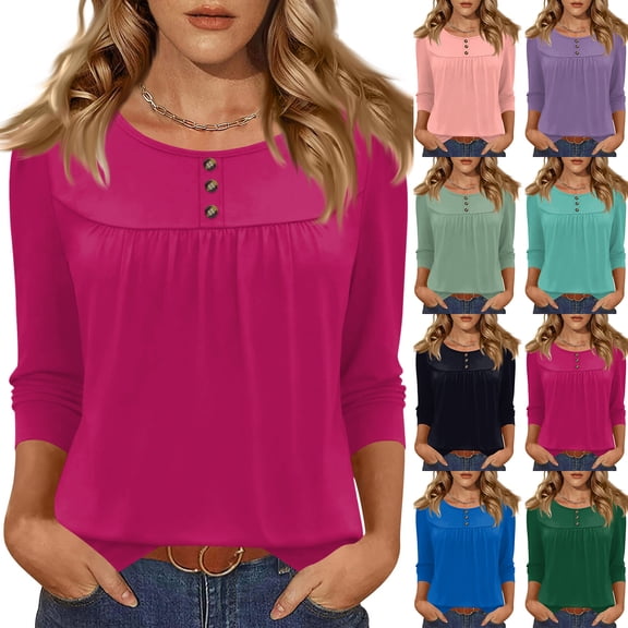 Women's Tops With Long Sleeves Fall Blouses Loose Fit Dressy Casual Tunic 3/4 Sleeve Army Green M