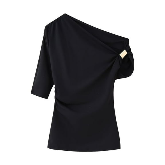 Women's Tops, Women's Asymmetric Stretchy One-Shoulder Top, Elegant Design with Metal Accent and Cinched Waist
