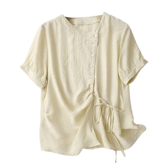 Women's Tops, Women's Cotton Linen Shirts Cheongsam Blouse Chinese Style Plain Short Sleeve Side Lace Up Button Down Qipao Tops