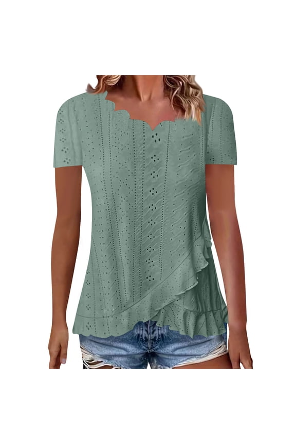 Women's Tops, Women's Scalloped V Neck Eyelet Tops Trendy 2026 Irregular Ruffle Hem Short Sleeve Summer Casual Blouse Tunic Shirts